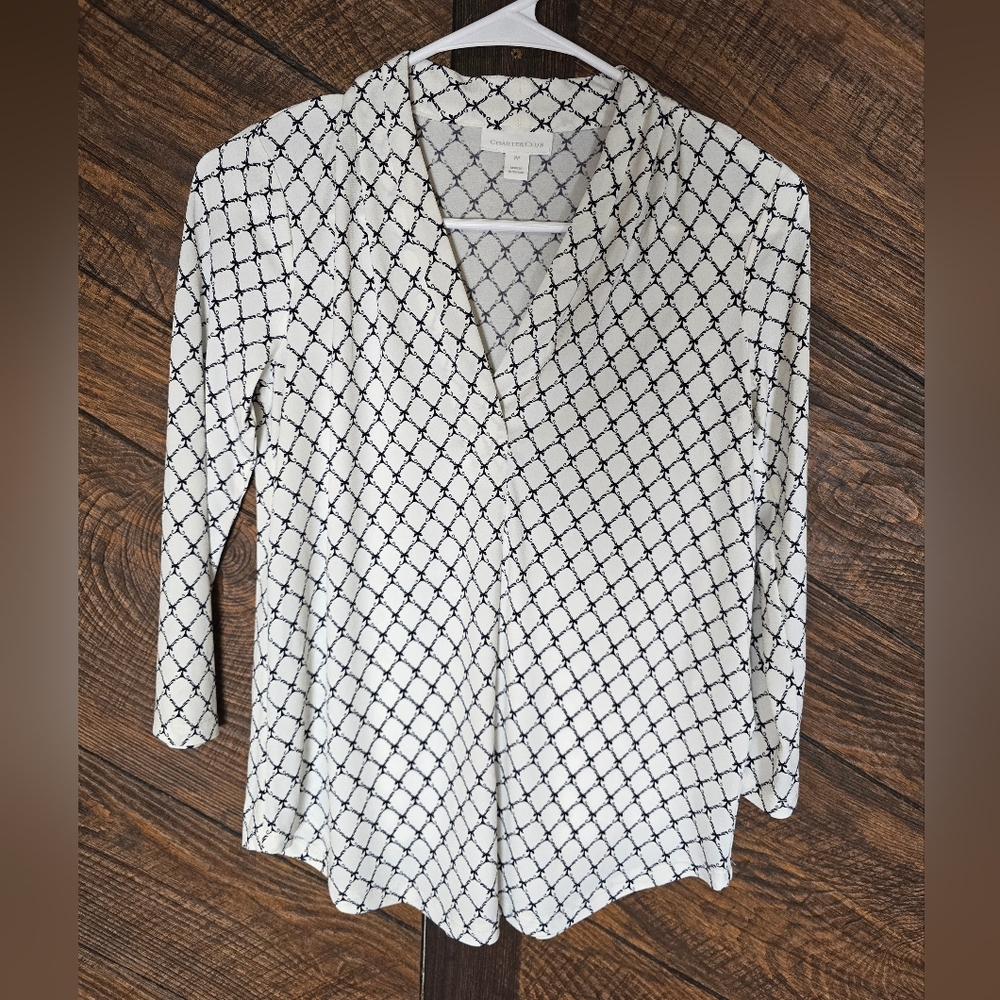 Charter Club White and Black Patterned Blouse Petite (Size PP)